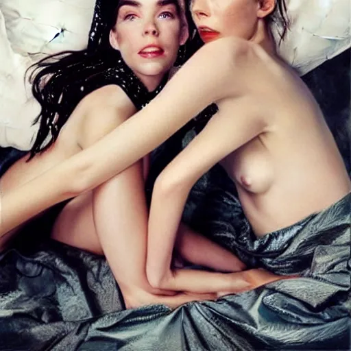 Image similar to stunning vogue magazine photo of dark - haired goddesses vanessa kirby, hailee steinfeld, and bjork smiling, legs intertwined, laying back on the bed, with wet faces!!, wet lips, perfect eyes, insanely detailed, elegant, by rutkowski, livia prima, mucha, wlop,