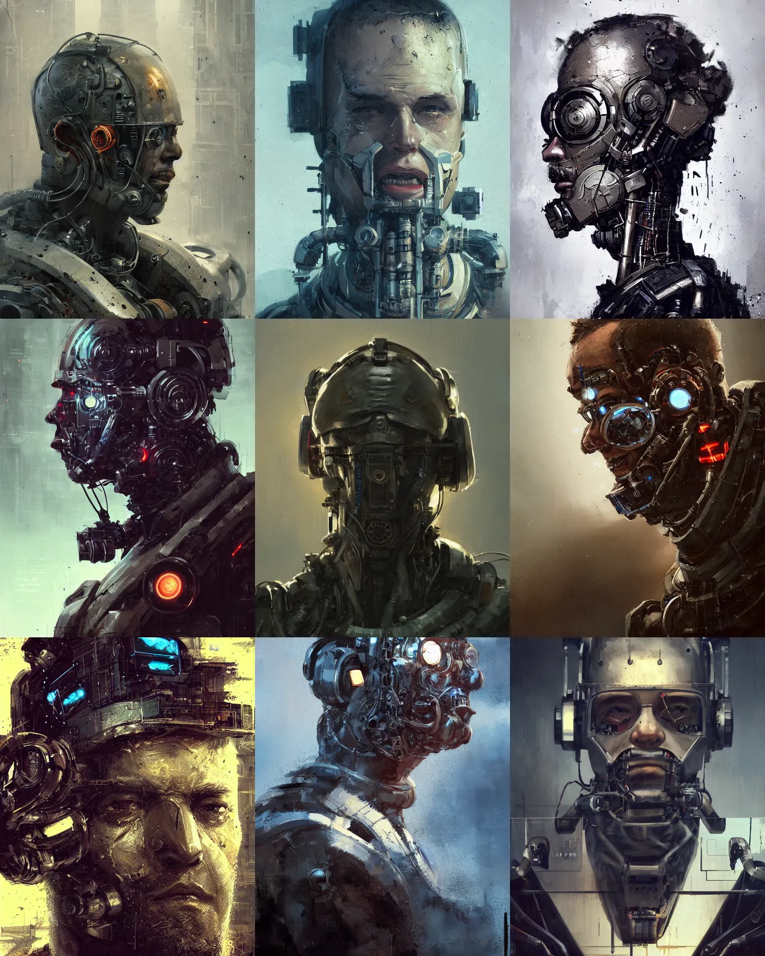 Prompt: a half - masked rugged laboratory engineer man with cybernetic enhancements as seen from a distance, scifi character portrait by greg rutkowski, craig mullins, 1 / 4 headshot, cinematic lighting, dystopian scifi outfit, profile picture, mechanical, cyborg, half robot, diesel punk