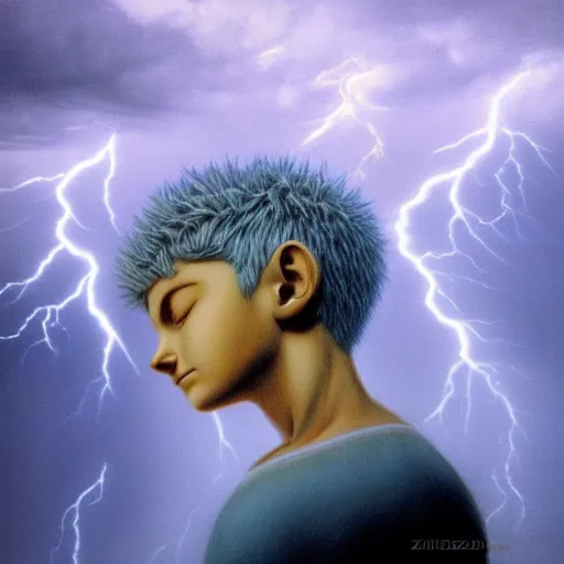 Prompt: killua zoldyck made by zdzisław beksinski, thunderstorm, lighting, blue, pose, 8 k, detailed, high quality, 8 k