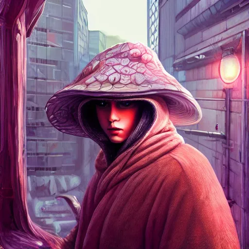 Image similar to A mushroom in a robe & pointed hat hyperrealism graffiti 8K 3D cyberpunk hyperdetailed serene cosmic Nvidia GeForce RTX 3060 Ti Moebius polished elaborate complex meticulous Horde 3D, Rafael Santi”