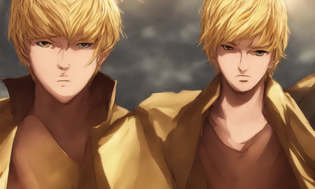 Image similar to solo portrait of blonde boy with golden eyes wearing a brown cape, anime screenshot, mappa studio artstyle, hyper realistic, pale skin, 4 k, rule of thirds, extreme detail, detailed drawing, trending artstation, hd, fantasy, realistic lighting, sharp focus, backlit,