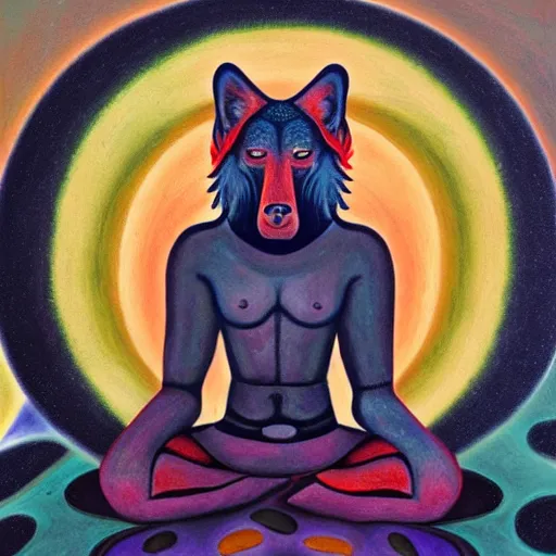 Image similar to an anthromorphic wolf man meditating in a zen garden, by amanda clark and amanda sage in a psychedelic style, oil on canvas