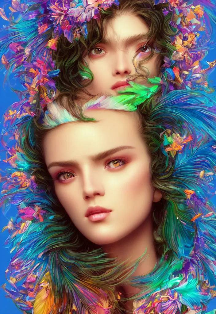 Image similar to beautiful, young woman, detailed gorgeous face, vaporwave aesthetic, synthwave, colorful, psychedelic, water droplets, feathers, crown, artstation, concept art, smooth, extremely sharp detail, finely tuned detail, ultra high definition, 8 k, unreal engine 5, ultra sharp focus, illustration, art by artgerm and greg rutkowski and alphonse mucha