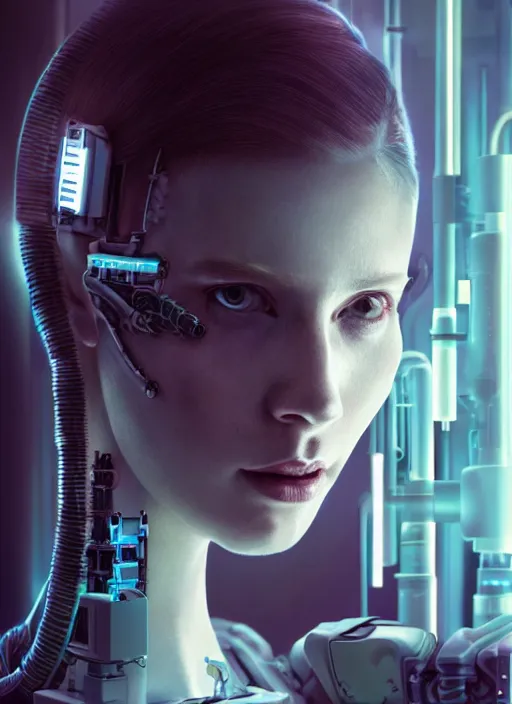 Image similar to cyberpunk,sci-fi, fantasy,Kodak Portra 400, 8K, soft light, volumetric lighting, highly detailed, britt marling style 3/4 ,portrait photo of a beautiful cyborg robot woman in a chemical laboratory + face, intricate, elegant, highly detailed, digital painting, artstation, concept art, smooth, sharp focus, illustration,art by artgerm and greg rutkowski and alphonse mucha