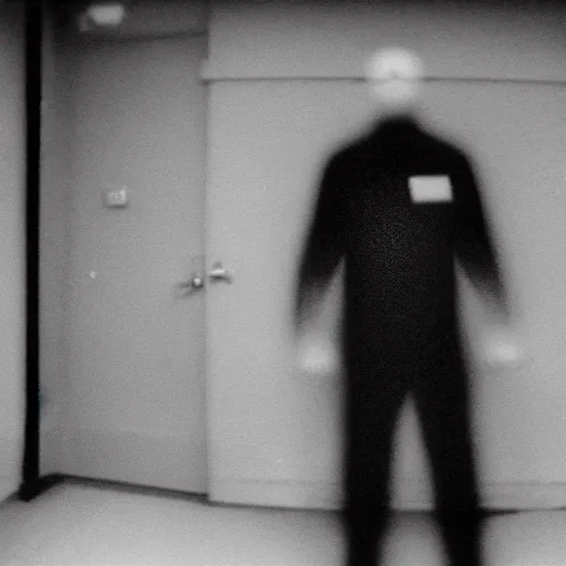 Image similar to a expired flash photo of creepy man with an unnatural posture standing in a vantablack dark!!! russian basement from the horror movie rec, out of focus, uncanny valley, shaky camera, it is deformed and is staring at the camera from the end of a dark liminal hallway. caught on vhs, film grain, national geographic award winning photography,