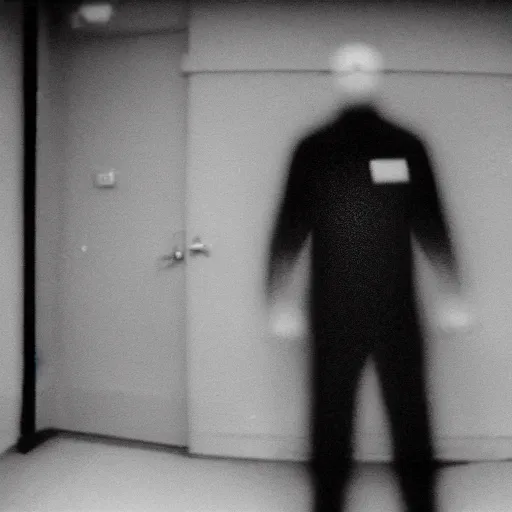 Prompt: a expired flash photo of creepy man with an unnatural posture standing in a vantablack dark!!! russian basement from the horror movie rec, out of focus, uncanny valley, shaky camera, it is deformed and is staring at the camera from the end of a dark liminal hallway. caught on vhs, film grain, national geographic award winning photography,