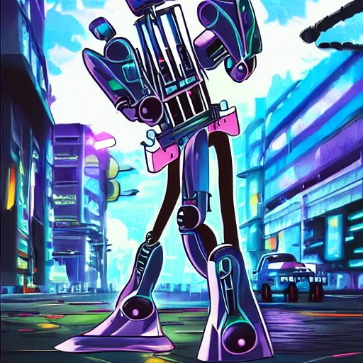 Image similar to A cell animation of a robot shredding a guitar solo in a futuristic city street, macross, gundam, ghibli style, illustration, anime, trending on artstaion