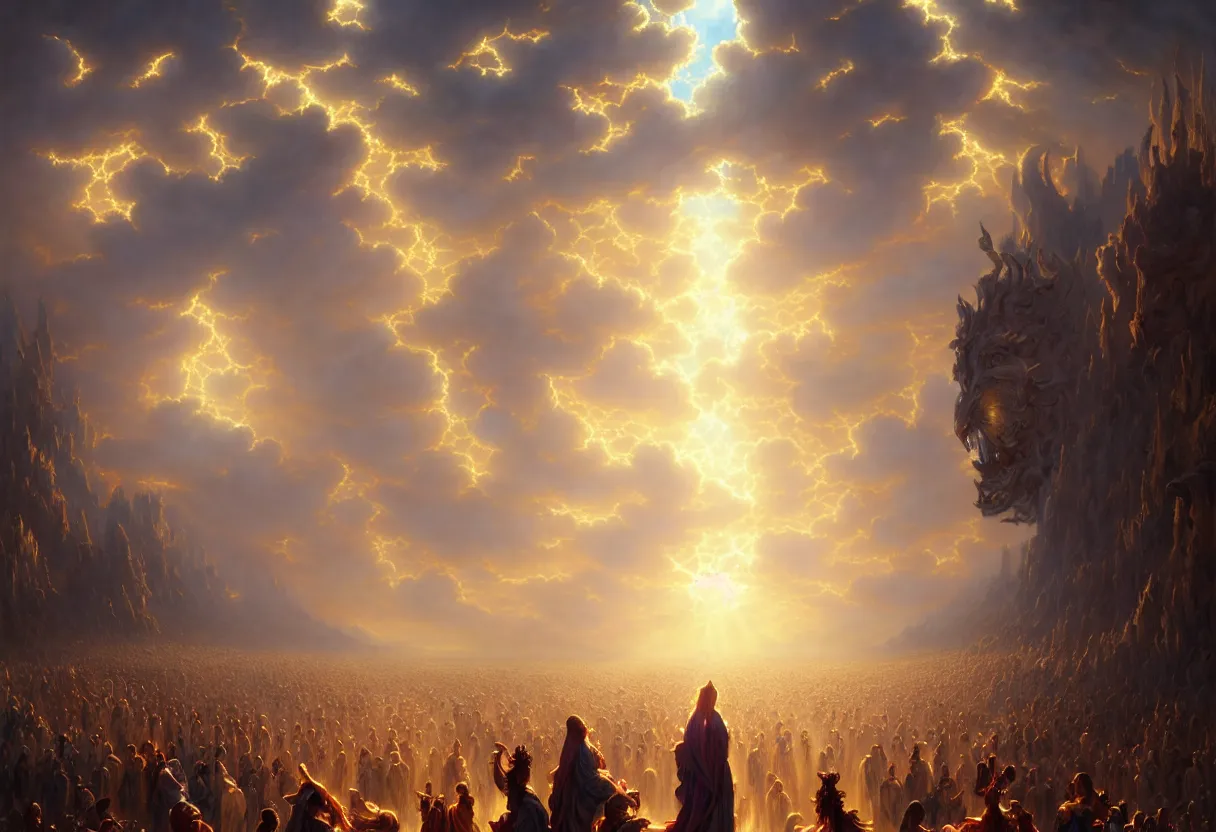 Image similar to opened gates of heaven with millions of people ascending to heaven, biblical, fantasy, intricate, elegant, highly detailed, digital painting, artstation, concept art, smooth, sharp focus, octane render, dramatic lighting, volumetric lighting, cinematic lighting, art by artgerm and greg rutkowski and alphonse mucha and wlop