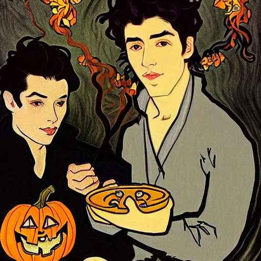 Image similar to painting of young cute handsome beautiful dark medium wavy hair man in his 2 0 s named shadow taehyung and cute handsome beautiful min - jun together at the halloween party, bubbling cauldron, candles, smoke, tarot, autumn colors, elegant, stylized, soft facial features, delicate facial features, art by alphonse mucha, vincent van gogh, egon schiele