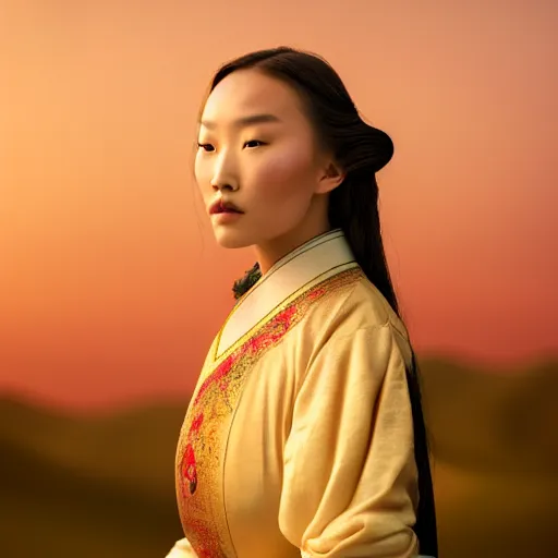 Image similar to photographic portrait of a stunningly beautiful renaissance mongol female in traditional dress in soft dreamy light at sunset, contemporary fashion shoot, by edward robert hughes, annie leibovitz and steve mccurry, david lazar, jimmy nelsson, breathtaking, 8 k resolution, extremely detailed, beautiful, establishing shot, artistic, hyperrealistic, beautiful face, octane render