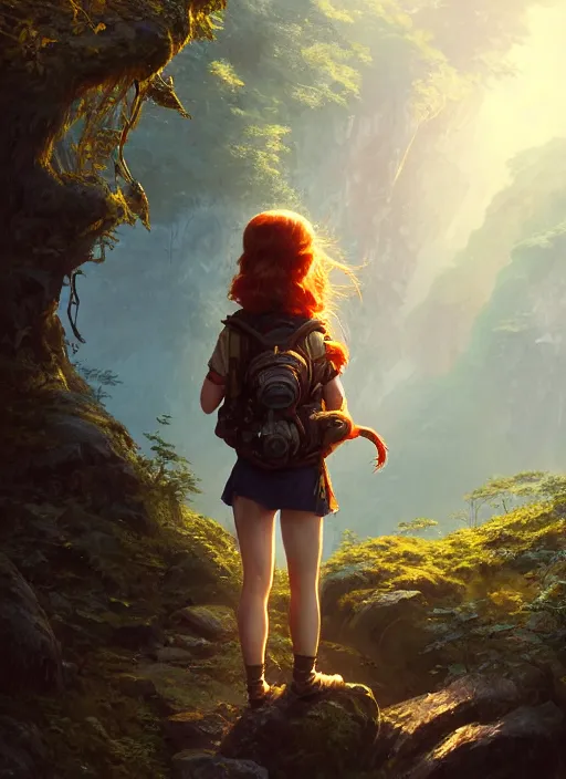 Image similar to detailed intricate digital illustration by greg rutkowski and artgerm and wlop and sanford robinson gifford ; young red - haired explorer girl with a backpack, ancient forest, shimmering waterfall in background ; 1 3 mm film, arri alfa anamorphic lens ; sharp focus, golden hour lighting, trending on artstation 4 k