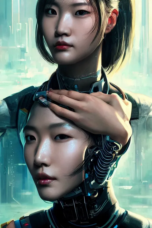 Image similar to Photorealistic illustration, Korean woman with augmented cybernetic eyes in 3/4 portrait view, cyberpunk 2077, sci-fi, futuristic, intricate, elegant, highly detailed, digital painting, artstation, concept art, smooth, sharp focus, art by artgerm, greg rutkowski and alphonse mucha