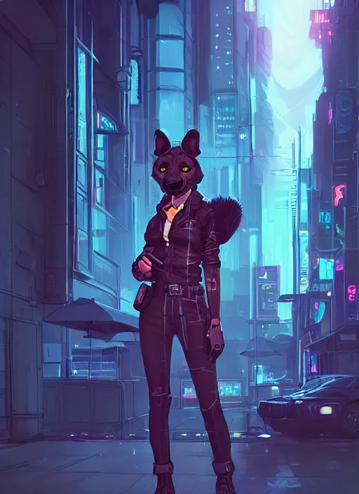 Image similar to beautiful portrait commission of a female furry anthro spotted hyena fursona wearing a police uniform. Cyberpunk city at night in the rain. Neon light. Atmospheric. Character design by charlie bowater, ross tran, artgerm, and makoto shinkai, detailed, inked, western comic book art