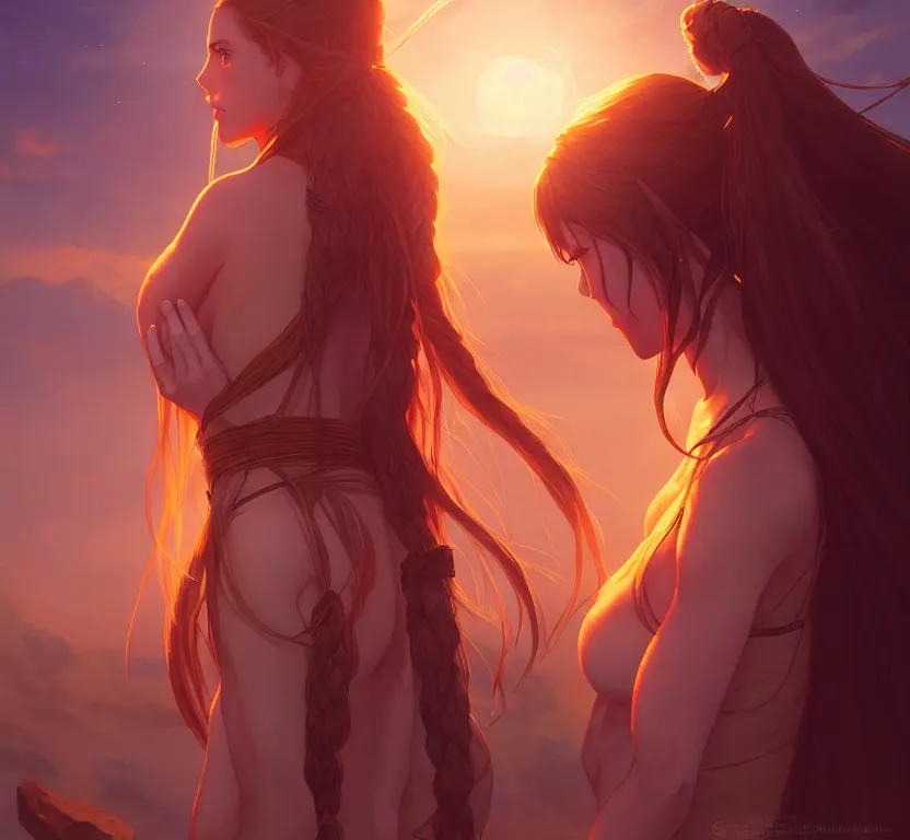 Image similar to long ginger hair, tanned woman in a prehistoric outfit, by artgerm, hair tied in a ponytail, soft lighting, night scene, by greg rutkowski makoto shinkai takashi takeuchi