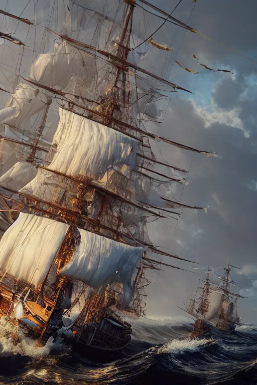 Prompt: A tall ship vessel in heavy waves, hypermaximalistic, high details, cinematic, 8k resolution, beautiful detailed, insanely intricate details, artstation trending, octane render, unreal engine