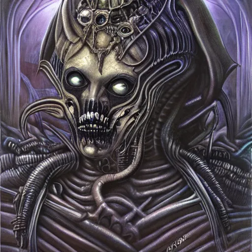 Image similar to Giger portrait of queen dragon, HD, soft shading, hyperdetailed, wide angle lens, fantasy, futuristic horror, style of giger