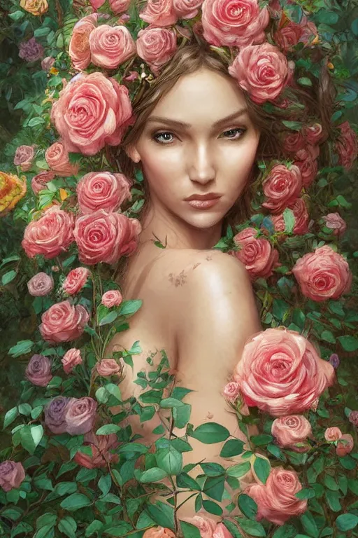 Image similar to beautiful woman in the middle of a lush garden with roses in her hair and an intricate gown, highly detailed, artstation, art by artgerm and greg rutkowski,