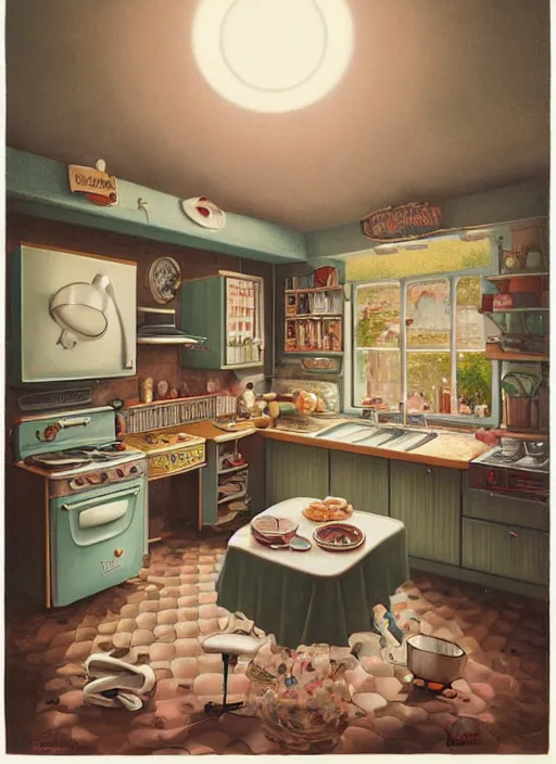 Image similar to highly detailed wide - angle portrait of a retro 1 9 6 0 s kitchen, nicoletta ceccoli, mark ryden, lostfish, earl nore, hyung tae, frank frazetta, global illumination, god rays, detailed and intricate environment