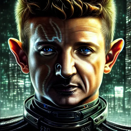 Prompt: portrait painting of a cyberpunk elven cop who looks like jeremy renner, ultra realistic, concept art, intricate details, eerie, highly detailed, photorealistic, octane render, 8 k, unreal engine. art by artgerm and greg staples and elsa beskow