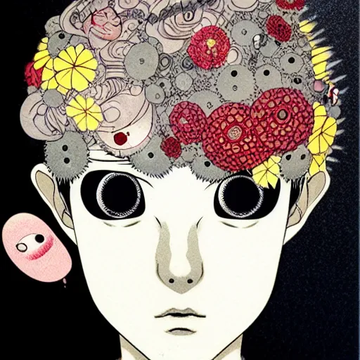 Image similar to prompt: Fragile portrait of singular persona covered with flowers and bullets illustrated by Katsuhiro Otomo, inspired by Ghost in Shell and 1990 anime, smaller cable and cyborg parts as attributes, eyepatches, illustrative style, intricate ink and guache painting detail, manga and anime 1990