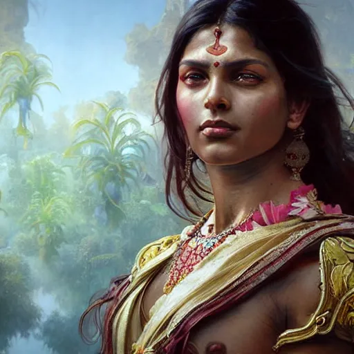 Image similar to wide portrait painting of a oiled muscular bloodied indian goddess, ultra realistic, concept art, intricate details, eerie, highly detailed, photorealistic, octane render, 8 k, unreal engine. art by artgerm and greg rutkowski and alphonse mucha