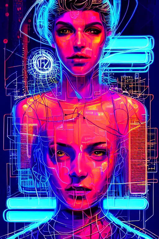 Prompt: dreamy cyberpunk girl, abstract smoke neon, digital nodes, computer network, beautiful woman, detailed acrylic, grunge, intricate complexity, by dan mumford and by alberto giacometti, jean - michel basquiat