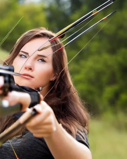 Prompt: young woman arrow shooting, low angle view