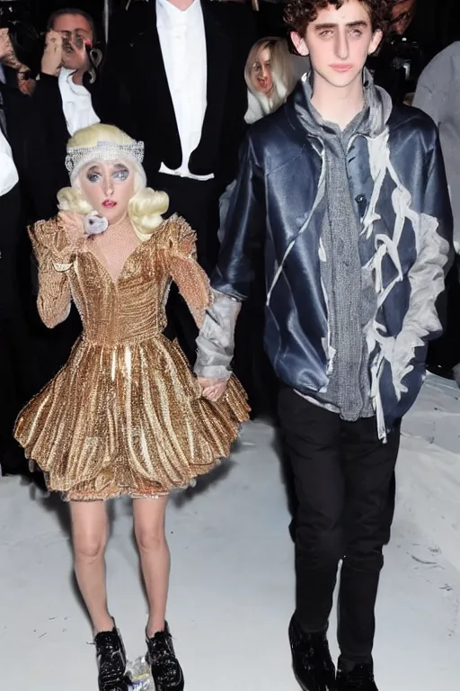 Prompt: timothee chalamet and lady gaga holding hands posing together, beautiful detailed faces, highly realistic, paparazzi photo, canon eos, featured, flash lighting