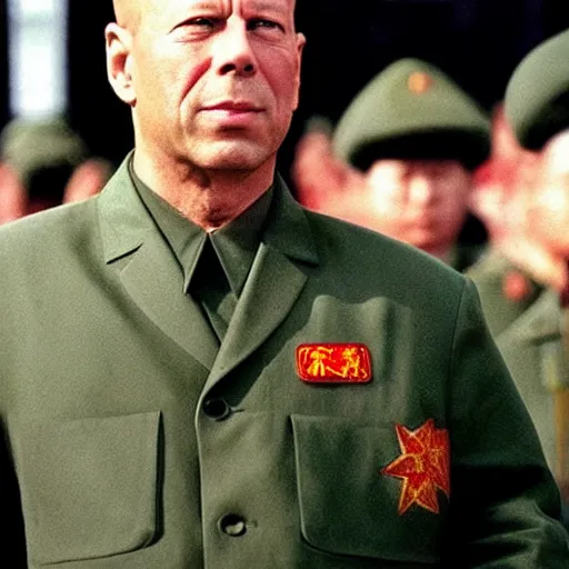 Image similar to Bruce Willis as Mao Zedong, leader of China. He is dressed like a military dictator, and is in a conference with Soviet Leaders in Siberia.