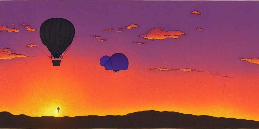 Image similar to hot air balloon, sunset, cartoon by moebius