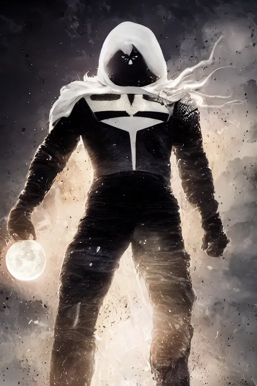 Image similar to hyperrealistic photography of Moon Knight mixed with Ghostrider style of wlop and Arkadiy Demchenko and Ivailo Ivanov and Niyazi Selimoglu, full-shot, merged character, 4k, highly detailed, cinematic lighting, photorealistic, 3d render, award winning render, unreal engine, masterpiece, octane render, sharp focus, studio lighting, 8k, hd