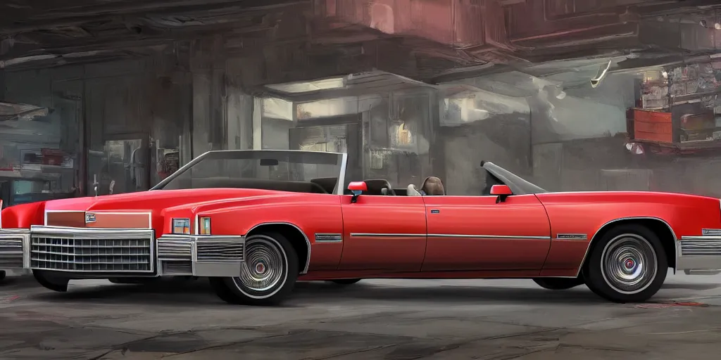 Image similar to front view picture one red 1975 cadillac eldorado convertible car as a grand theft auto 5 loading screen, garage scene, front view, intricate, studio, art by anthony macbain + greg rutkowski + alphonse mucha, concept art, 4k, sharp focus