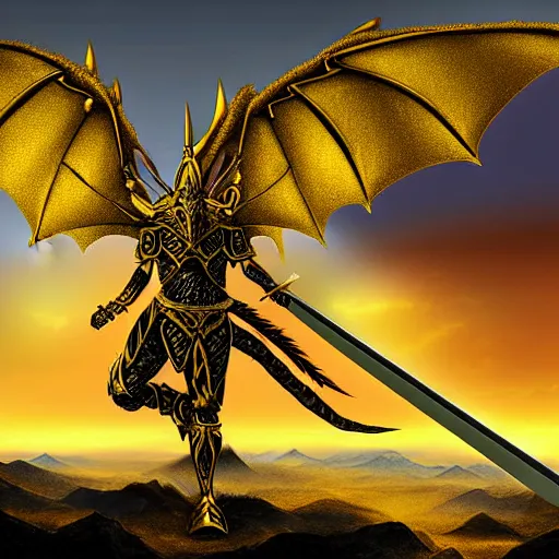 Image similar to anthromorphed winged dragon armored with a golden armor holding a yellow sword on top of a mountain, digital art, matte painting