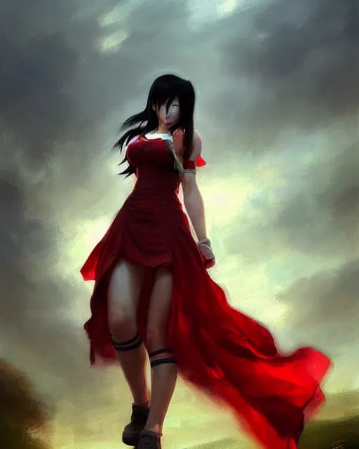 Prompt: tifa lockhart in a red cottagecore dress, portrait, illustration, rim light, top light, overcast cloudy weather, perfectly shaded, soft painting, art by krenz cushart, william turner and wenjun lin