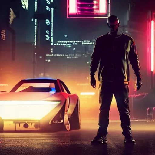 Prompt: cyberpunk Street racer wearing white wife beater and black jacket standing next to red Lancer Evolution X 2077 FRS BRZ C8 GR Supra scene from Bladerunner 2049 Roger Deakins Cinematography movie still 2017