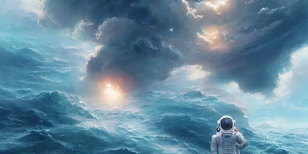 Image similar to an astronaut lost in the ocean,digital art,detailed,ultra realistic,art by greg rutkowski