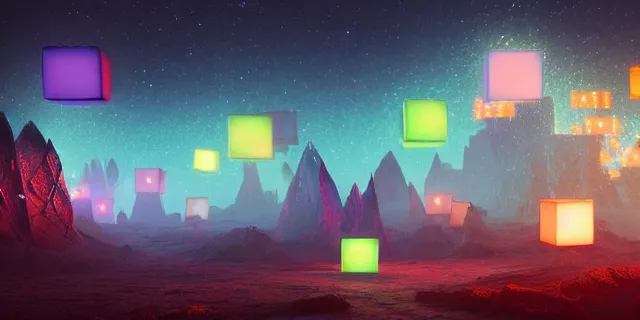 Image similar to a beautiful network of glowing cubes appears in the sky above a fantasy landscape, atmospheric lighting, intricate, volumetric lighting, beautiful, sharp focus, ultra detailed, in the art style of bowater charlie, brom gerald, astrophotography, rendered in cinema 4 d, quantum wavetracing, rendered in maya