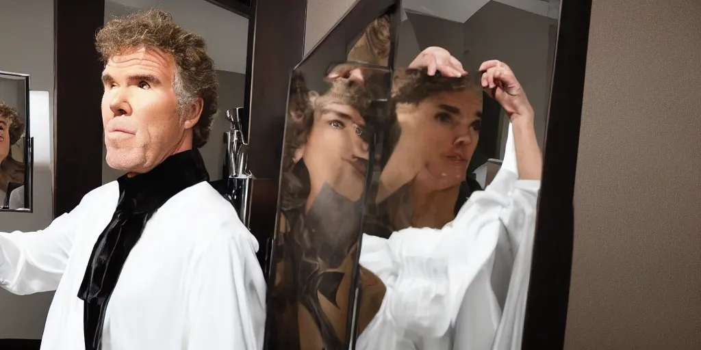 Image similar to ultra wide angle photo of will ferrel dressed in a white blouse and black dress pants looking at himself in a bathroom mirror and seeing his reflection as wonder woman