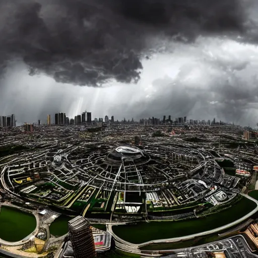 Prompt: wide shot of a near-future city with dark thick storm clouds in the sky. A colossal giant ring-shaped spaceship is launching. The massive huge ring spaceship is encircling the entire city. HDR