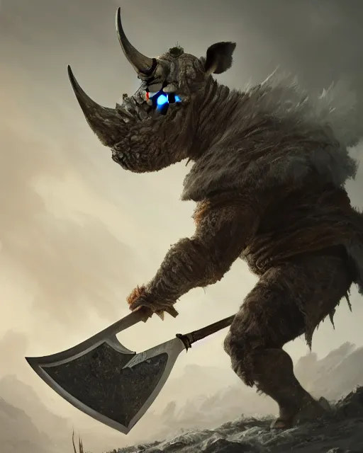 Prompt: oil painting of Anthropomorphized Rhino Berserker, wearing fur cloak, sharp focus, holding big Axe, heroic pose, fantasy style, octane render, volumetric lighting, 8k high definition, by greg rutkowski, highly detailed, trending on art Station, magic the gathering artwork, burning Battlefield backround, centered