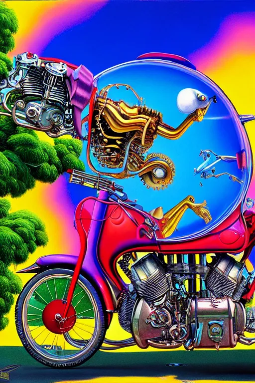 Image similar to a hyperrealistic painting of a mechanical motorcycle creature in a suburban neighborhood on a sunny day, by chris cunningham and richard corben, lisa frank, highly detailed, vivid color,