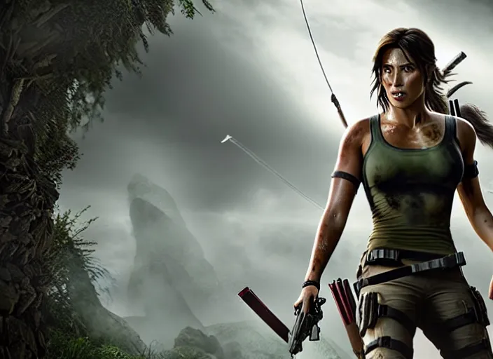 Image similar to film still of!!!! chloe bennett!!! as lara croft in new tomb raider movie, 8 k