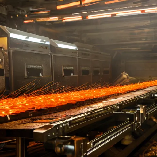 Image similar to line of toaster oven mecha heads on conveyor belt, dark messy smoke - filled cluttered workshop, dark, dramatic lighting, orange tint, sparks, cinematic, highly detailed, sci - fi, futuristic, movie still