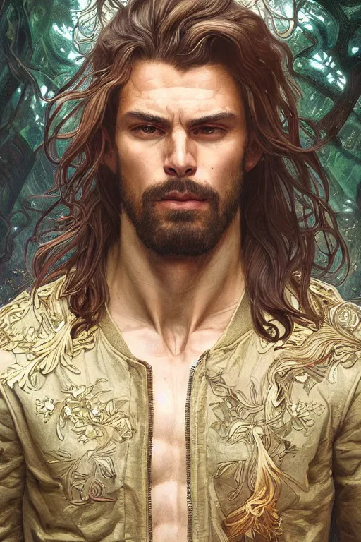 Prompt: portrait of a herculian man in a bomber - jacket, flowing hair, forest, full body, muscular, fantasy, intricate, elegant, highly detailed, digital painting, artstation, concept art, sharp focus, illustration, art by artgerm and greg rutkowski and alphonse mucha