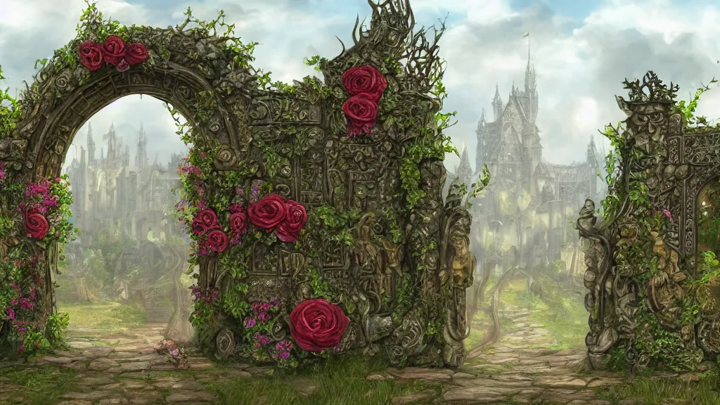 Image similar to A giant medieval fantasy gate with an gold carved lion face at the center in the middle of a beautiful fantasy landscape, vines with thorns around the gate, roses and all kinds of flowers, vivid vegetation, pastel color tones, clear clean, HD, illustration, epic, fantasy, intricate, elegant, highly detailed, digital painting, artstation, concept art, smooth, wallpaper, digital 2D, painterly style, high contrast, golden ratio, rule of thirds, Studio Ghibli, art by artgerm and greg rutkowski and alphonse mucha and jin xiaodi