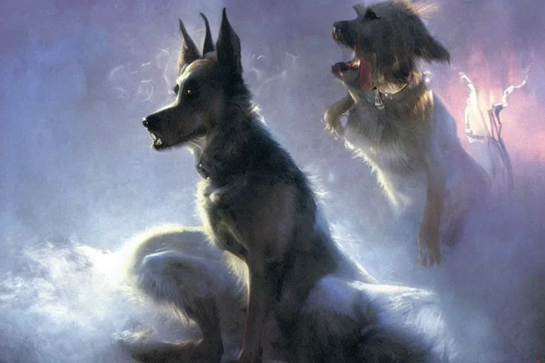 Prompt: stinky dog, ethereal back light, mist, coherent composition, detailed fantasy painting by noriyoshi ohrai