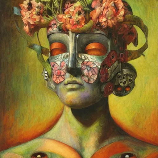 Prompt: the robot in her floral mask, by Annie Swynnerton and Diego Rivera, symbolist, dramatic lighting, elaborate geometric ornament, Art Brut ,god rays, soft cool colors,smooth, sharp focus, extremely detailed, Adolf Wölfli