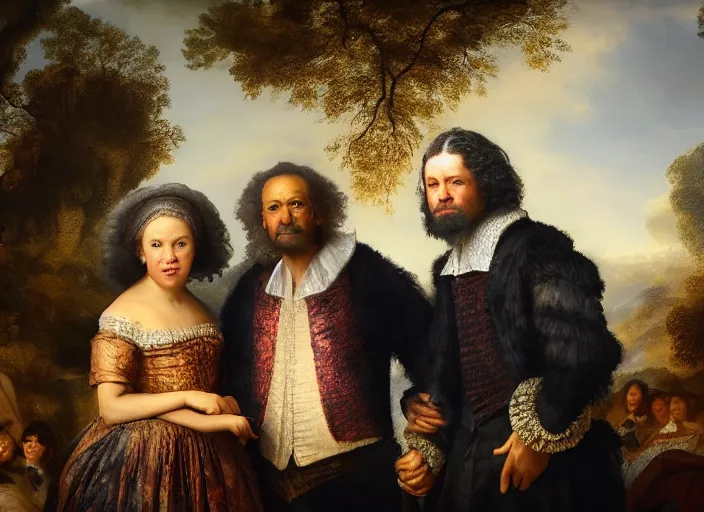 Prompt: 🦩 the obamas, lowbrow, 8 k, matte painting, in the style of rembrandt,