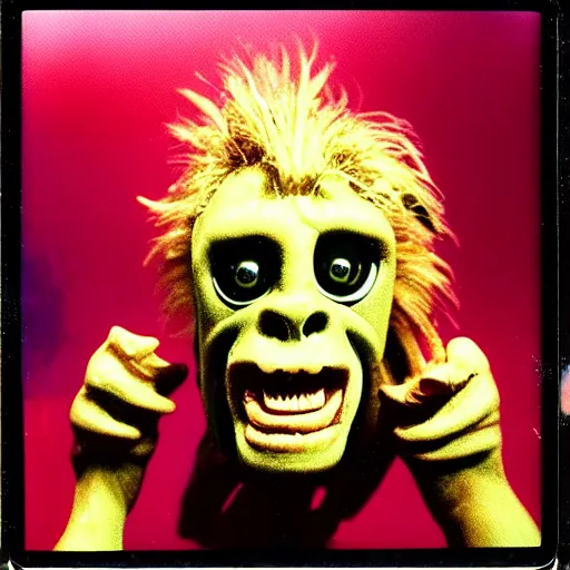 Prompt: gary busey creature, 9 0 s toy commercial, photo from the 7 0 s, horror lighting, neon lighting, polaroid photo,