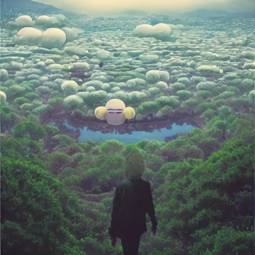 Image similar to a man walking on clouds away from the camera above kyoto by takashi murakami, beeple and james jean, aya takano color style, 4 k, super detailed, modern, 4 k, symmetrical